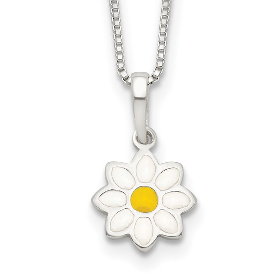 Sterling Silver Enamel Daisy Flower 15in Necklace