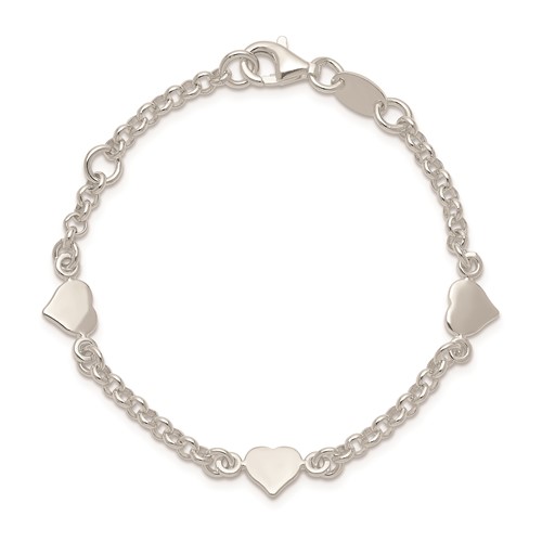 Sterling Silver 5 1/2in Children's Bracelet with Flat Heart Charms