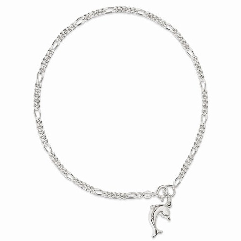 Sterling Silver 10in Hollow 3-D Dolphin Anklet