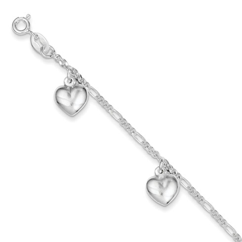 Sterling Silver 7in Heart Station Bracelet Figaro Links