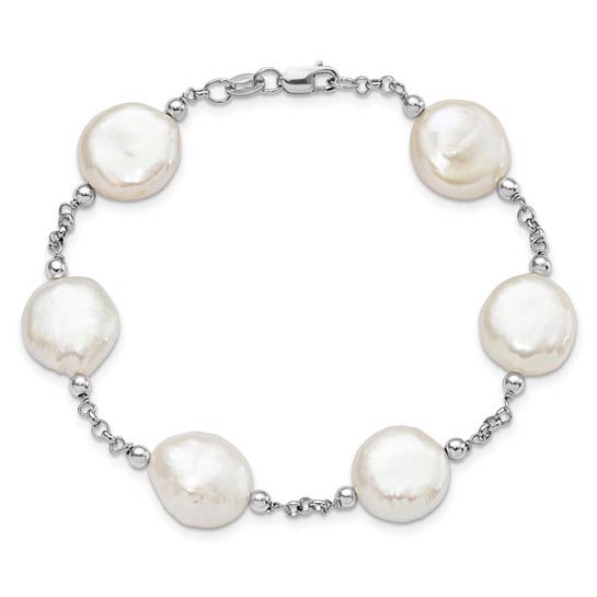 Sterling Silver Freshwater Cultured Coin Pearl Station Bracelet 7.5in