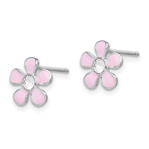 Sterilng Silver Pink Enameled Swarovski Elements Flower Earrings