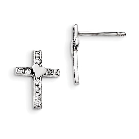 Sterling Silver 3/8in Madi K CZ Child's Cross with Heart Post Earrings