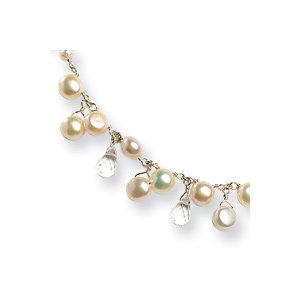 Sterling Silver 16in Cultured Button Pearl Crystal Necklace