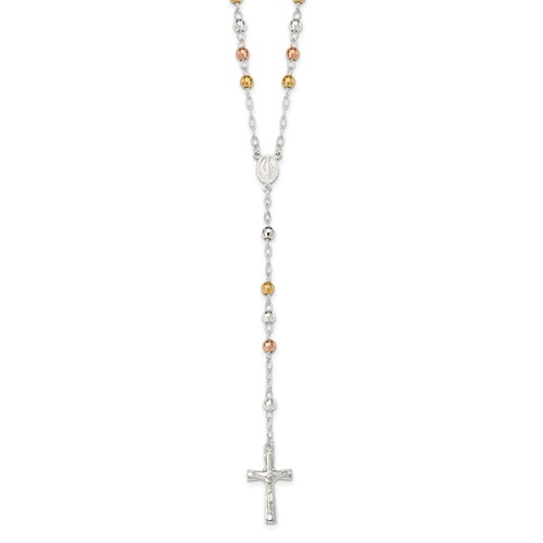 Sterling Silver Rosary with Tri-color Beads Necklace 26in