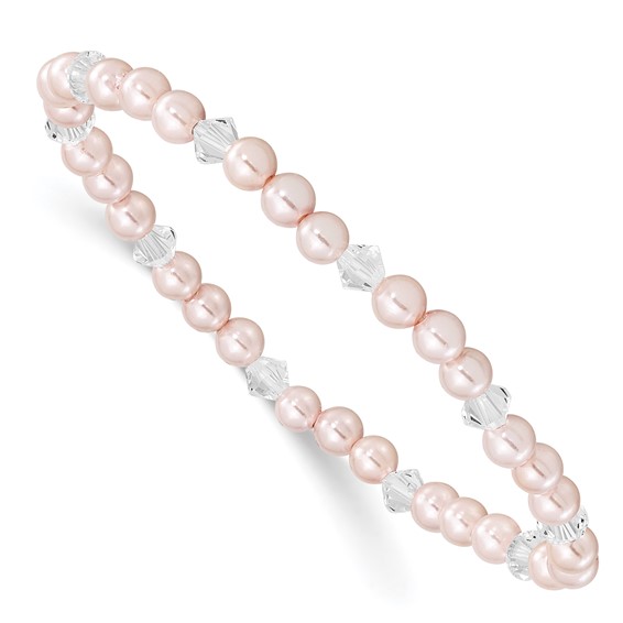 4mm Pink Shell Pearl and Swarovski Crystal Child Stretch Bracelet