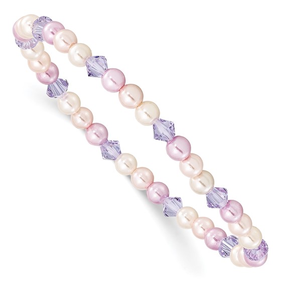 Pink Purple Shell Pearl and Swarovski Element Child Stretch Bracelet