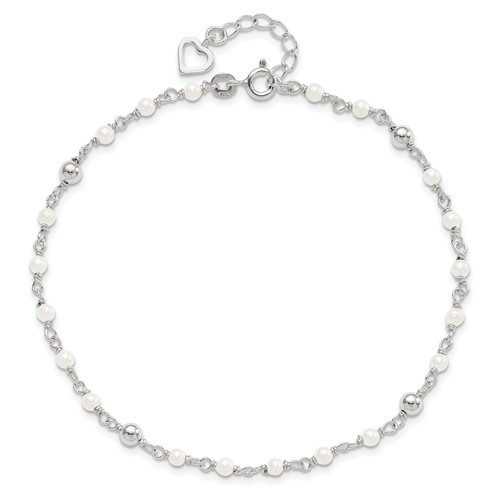 Sterling Silver 10in Freshwater Cultured Pearl & Heart Anklet