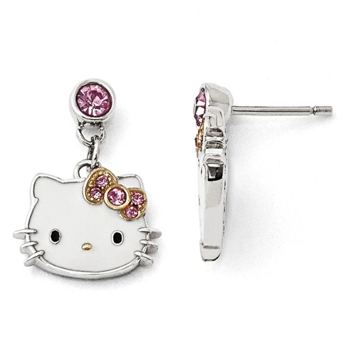 Sterling Silver Hello Kitty Dangle Earrings with Pink Crystal Accents