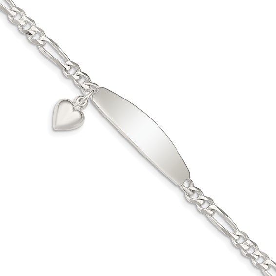 Sterling Silver Heart Figaro ID Bracelet 7