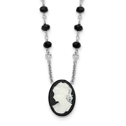 Sterling Silver Black Glass Beads Resin Cameo Necklace