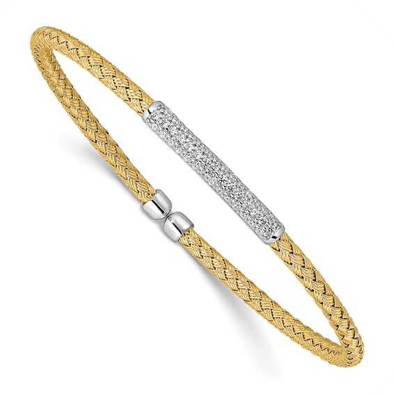 Gold-plated Sterling Silver Two-tone Cubic Zirconia Woven Flexible Cuff Bracelet