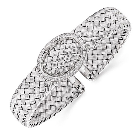 Sterling Silver Woven Cuff with CZ Oval Accent
