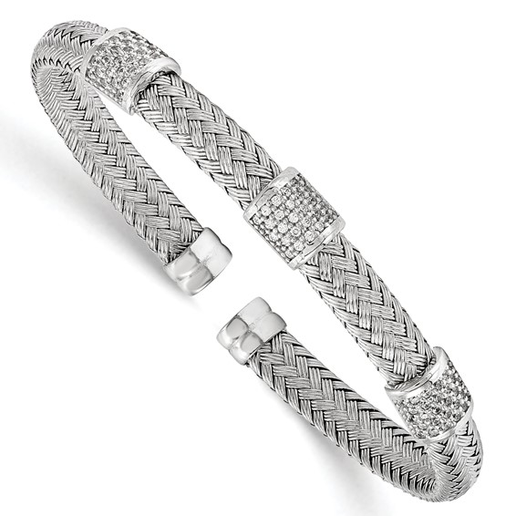 Sterling Silver Woven Cuff Bracelet with CZ Stations