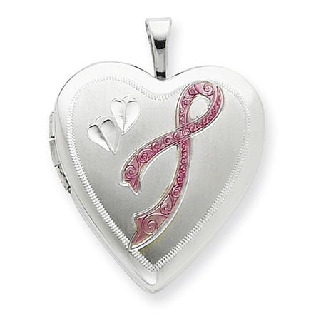 Sterling Silver 3/4in Pink Ribbon Locket with 18in Chain