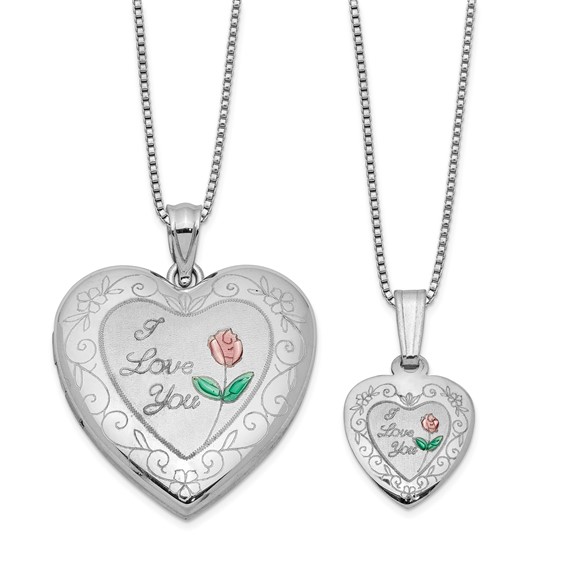 Sterling Silver I Love You Pink Green Rose Locket Set