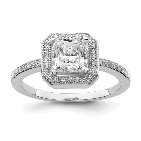 Sterling Silver Square CZ Halo Ring with Micro Pave
