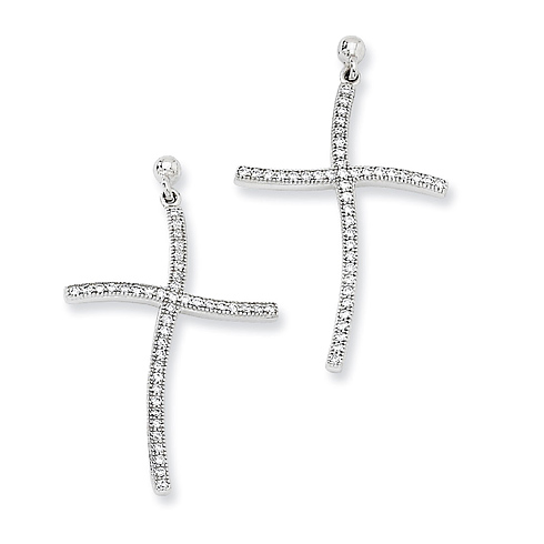 Sterling Silver Micro Pave CZ Curved Cross Dangle Earrings