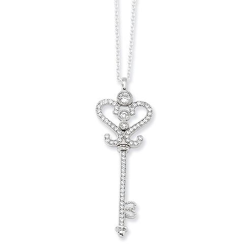 Sterling Silver & CZ 1 1/2in Polished Key Necklace