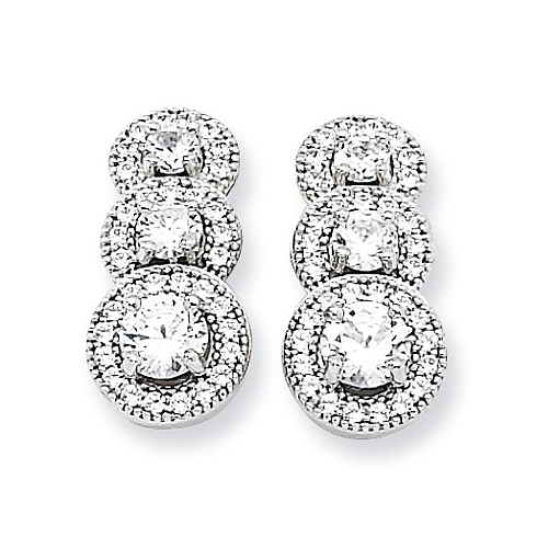 Sterling Silver Micro Pave CZ Polished 3-Stone Halo Post Earrings