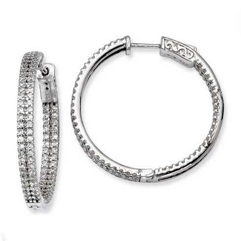 Sterling Silver CZ Two Row Hoop Earrings 1 1/4in