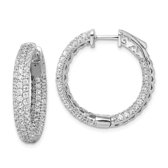 Sterling Silver Three Row CZ Hoop Earrings 7/8in