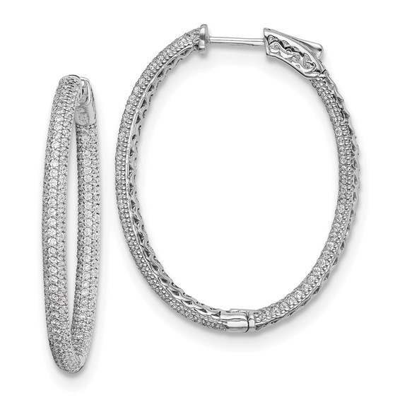 Sterling Silver with CZ Pave Hinged Oval Hoop Earrings 1 1/2in