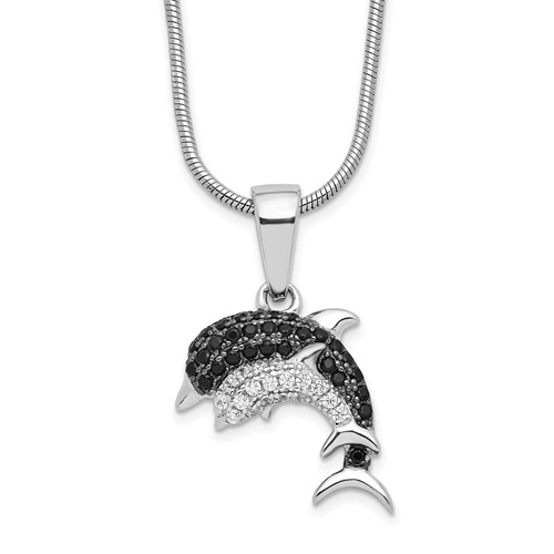 Sterling Silver Black and White CZ Dolphins 18in Necklace