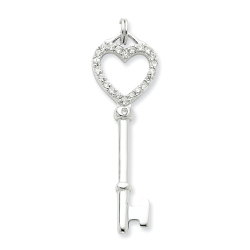 1 3/4in Sterling Silver and CZ Heart Key Pendant