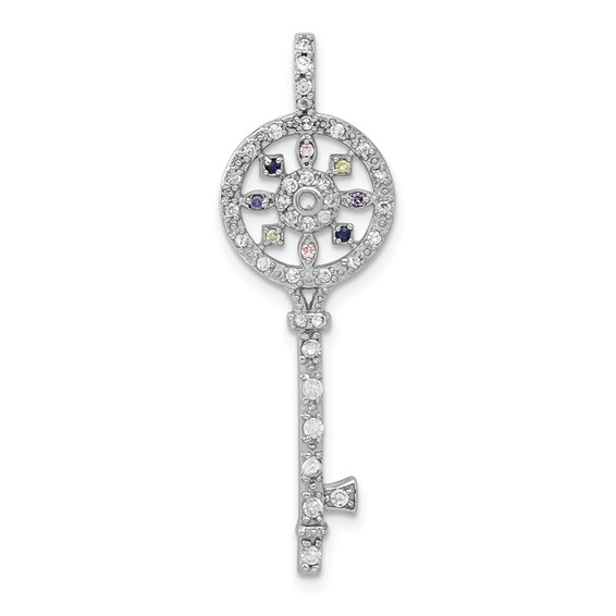  Sterling Silver 1 1/2in Multi-colored CZ Key Pendant