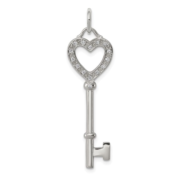 1 1/4in CZ Heart Key Pendant - Sterling Silver