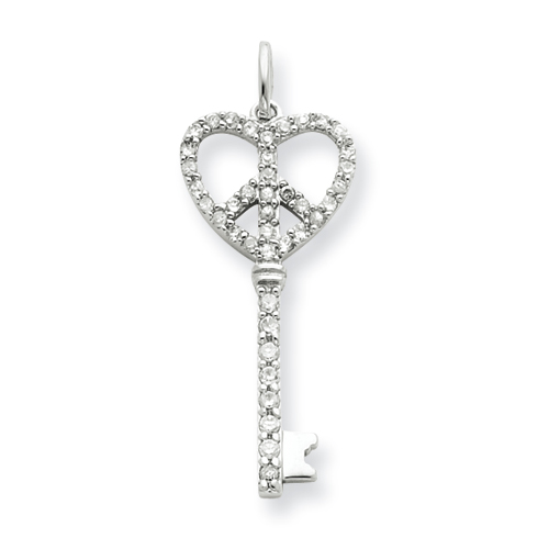 Sterling Silver CZ Heart With Peace Sign Key Pendant  1 3/8in