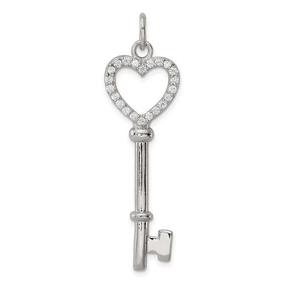 1 1/2in CZ Heart Key Pendant - Sterling Silver