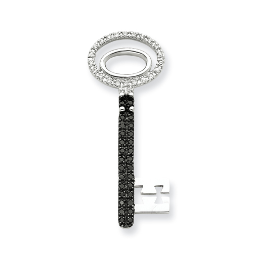 1 7/8in Clear and Black CZ Key Pendant - Sterling Silver
