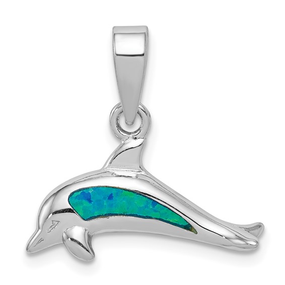 Sterling Silver and Created Blue Opal Dolphin Pendant