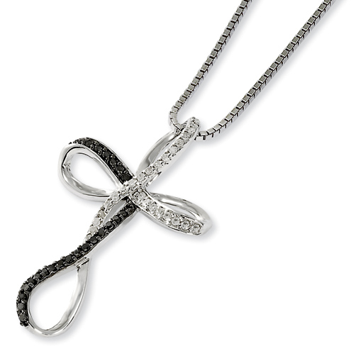 Sterling Silver 0.25 Ct Black and White Diamond Loop Cross Necklace