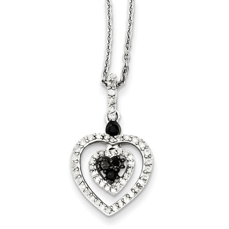 Sterling Silver 0.5 Ct Black White Diamonds Heart in Heart Necklace