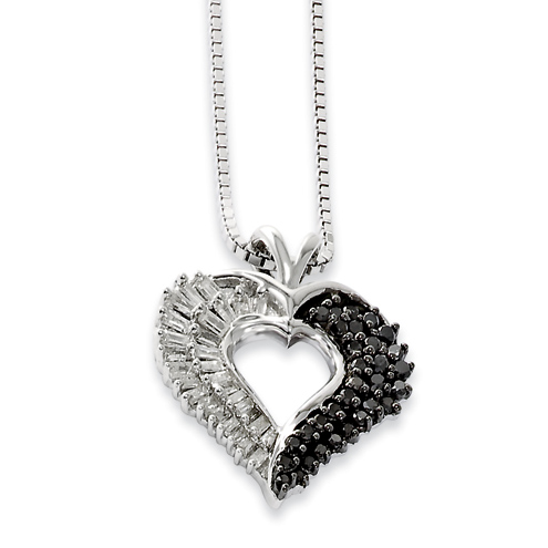0.52 ct Sterling Silver Black White Diamond Baguette Heart Necklace