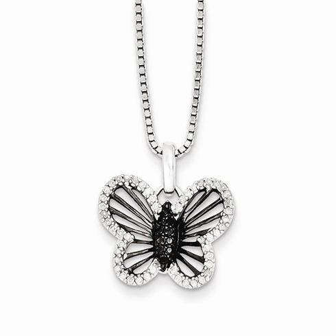 Sterling Silver 0.19 Ct Black and White Diamond Butterfly Necklace