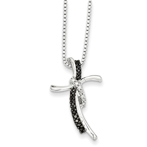 Sterling Silver 0.15 Ct Black and White Diamond Curved Cross Necklace