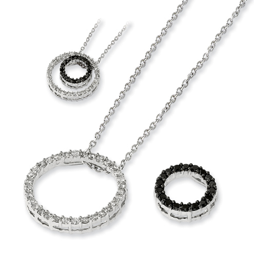 0.75 Ct Sterling Silver Black and White Diamond Double Circle Necklace