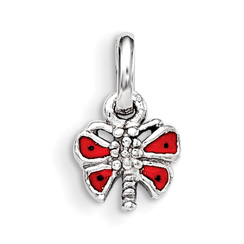 Rhodium Plated Sterling Silver Child's Red Enameled Butterfly Pendant