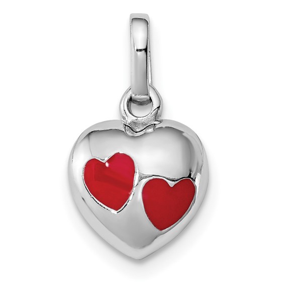 Rhodium-plated Sterling Silver Child's Red Enameled Heart Pendant