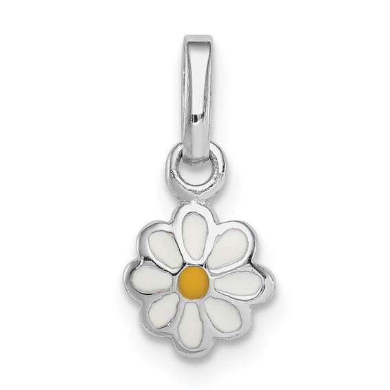 Sterling Silver 1/4in Child's White Yellow Enamel Daisy Pendant