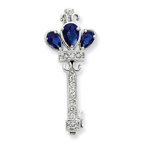 1 1/4in Blue Glass & CZ Key Pendant - Sterling Silver