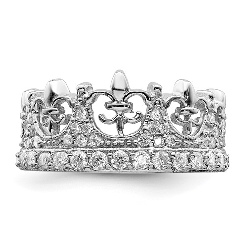 Sterling Silver Fleur de Lis Crown Ring with CZs