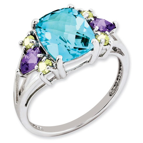 Sterling Silver 3.7 ct Light Swiss Blue Topaz Amethyst Peridot Ring