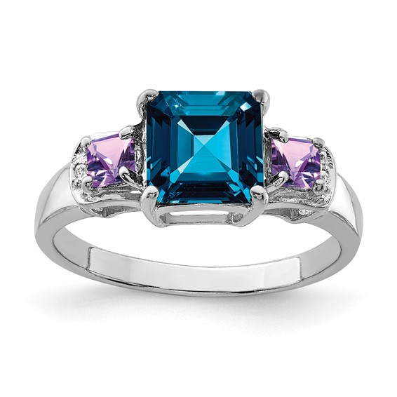 Sterling Silver 1.9 ct London Blue Topaz Amethyst and Diamond Ring