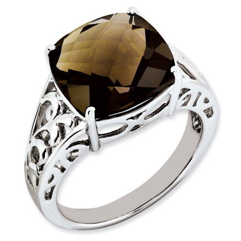 Sterling Silver 7.4 ct Smoky Quartz Ring with Open Floral Design