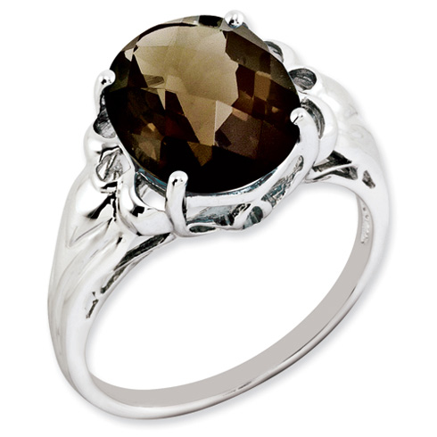 Sterling Silver 4.55 ct Oval Checkerboard Smoky Quartz Ring